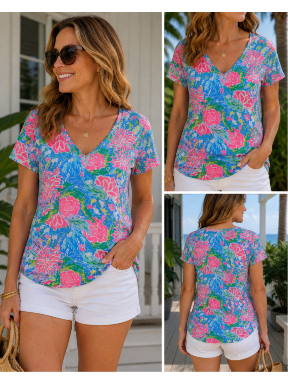 Lilly Pulitzer Floral V Neck Tee Blue Pink Tropical Short Sleeve